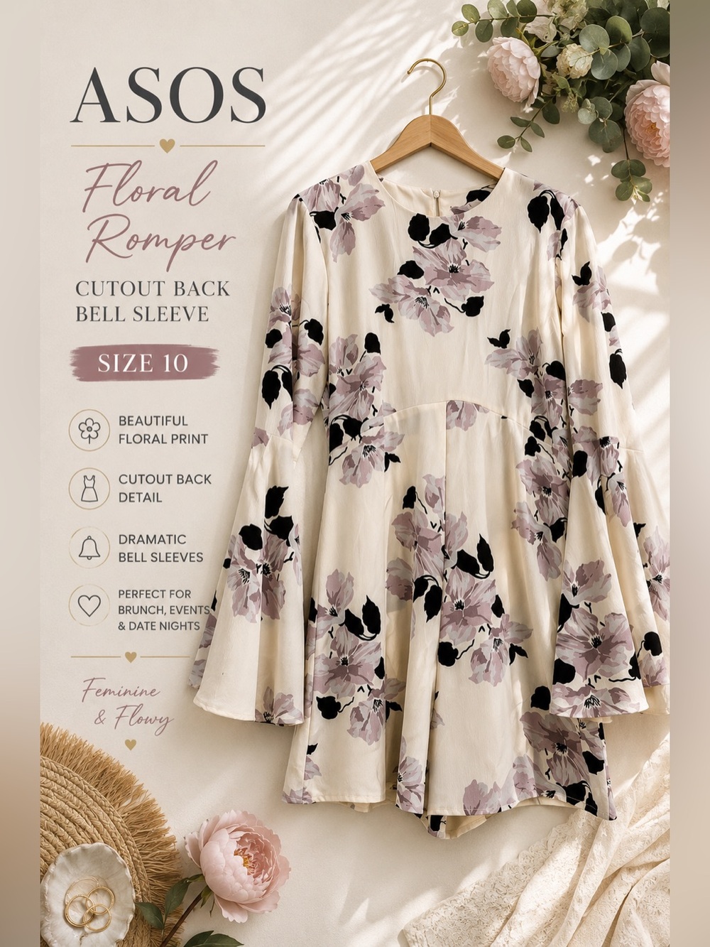 ASOS Floral Bell Sleeve Cutout Back Romper Cream Black Mauve Size 10